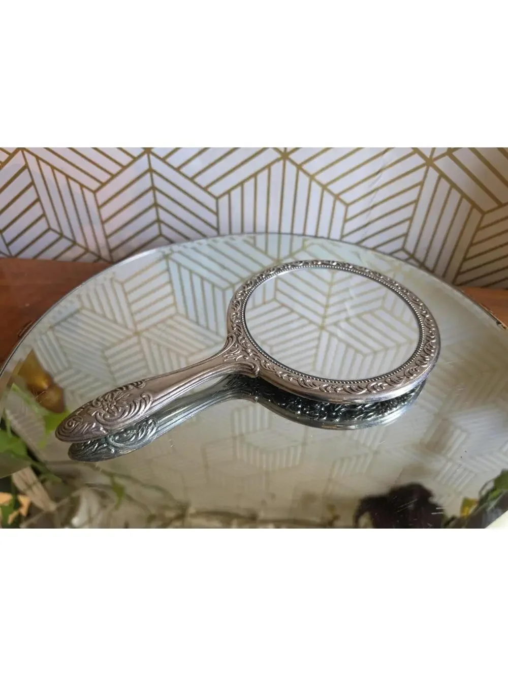 Vintage International Silver Company Victorian Hand Held Silver Plated Mirror